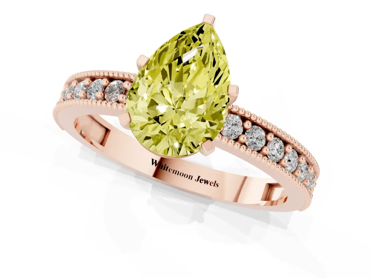 Fancy Yellow Pear Cut Diamond Milgrain Pavé Engagement Ring with Four-Prong Setting Rose gold