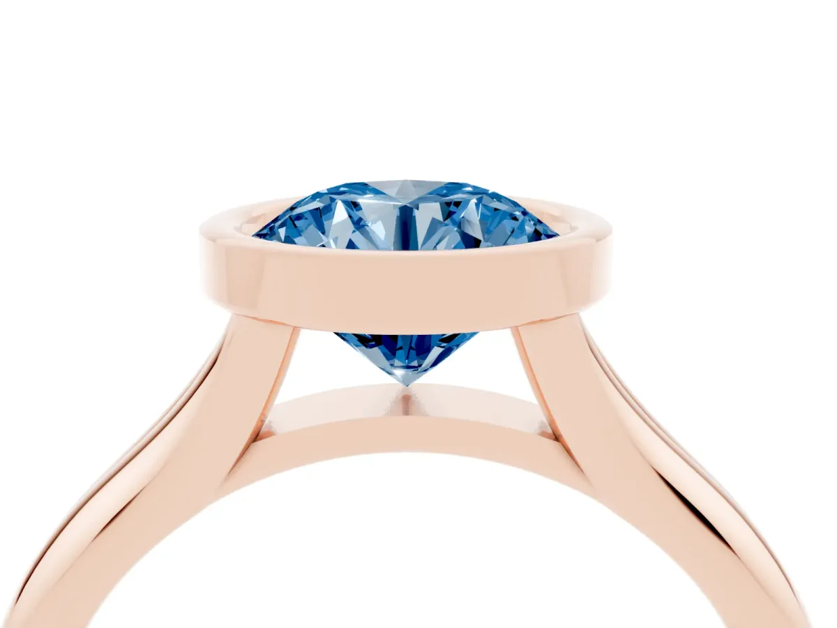 Fancy Blue Bezel Set Round Cut Solitaire Diamond Ring with Smooth Band Rose gold