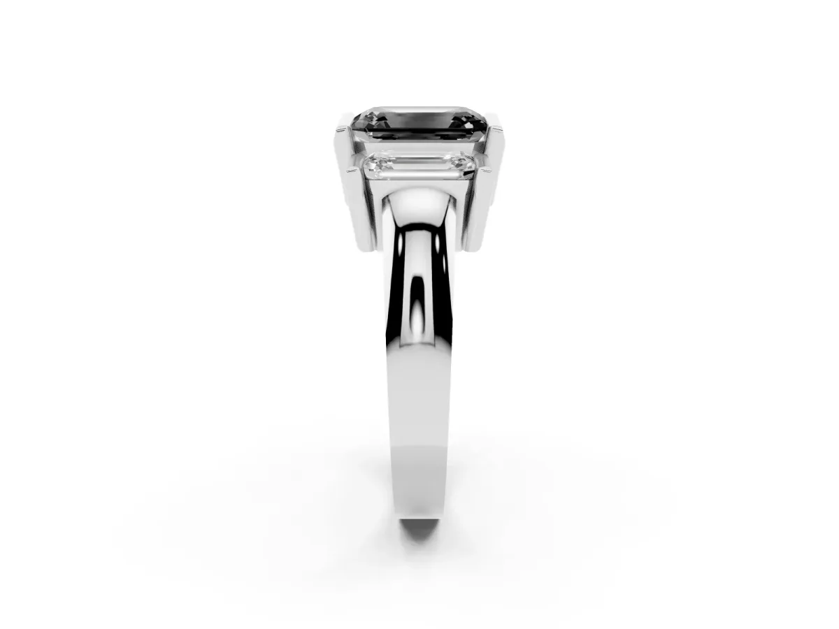 Fancy Black Three Stone Emerald Cut Cut Channel Set Diamond Ring Silver