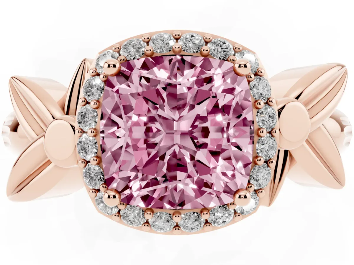 Fancy Pink Cushion Cut Halo Diamond Floral Band with Four-Prong Setting Rose gold