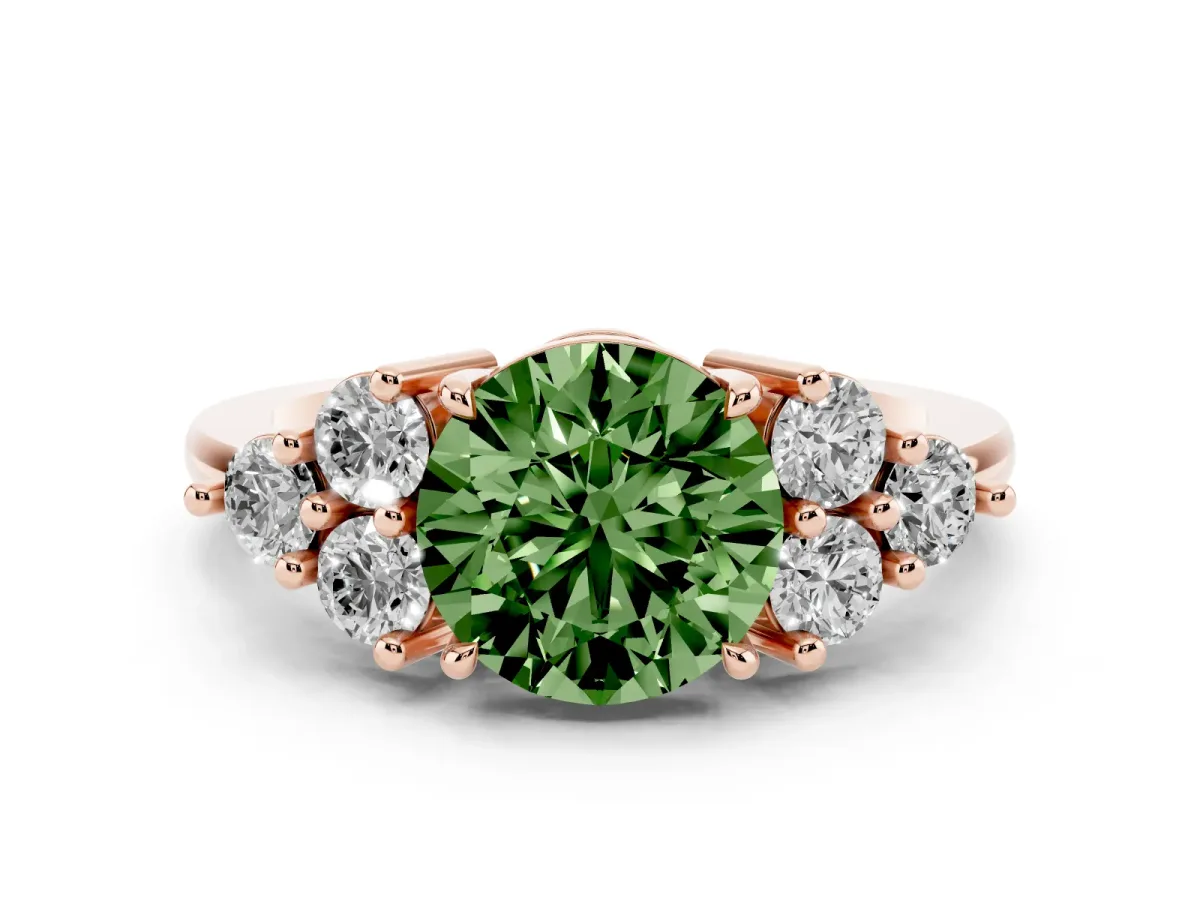 Fancy Green Round Cut Brilliant Diamond Cluster Accent Solitaire Ring with Prong Setting Rose gold