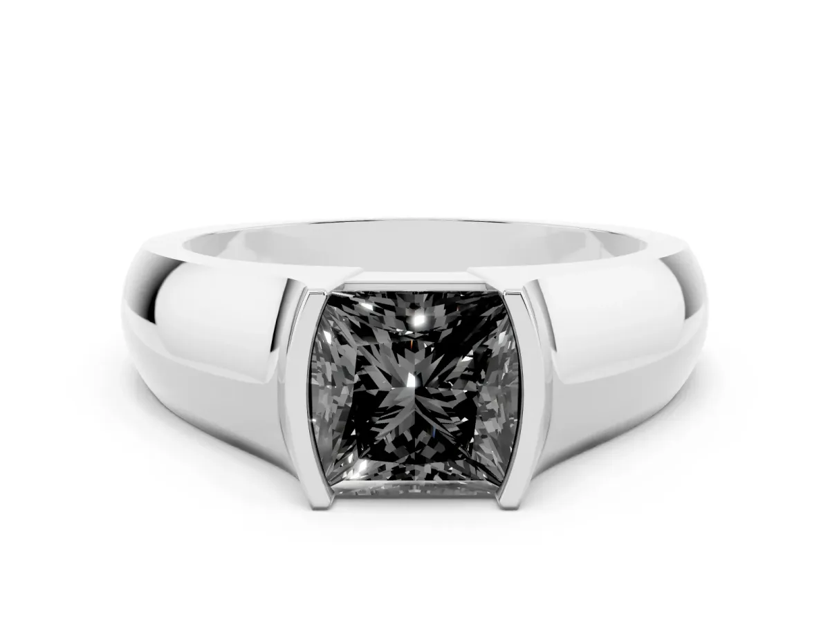 Fancy Black Princess Cut Solitaire Bezel Set Diamond Ring with Wide Band Silver