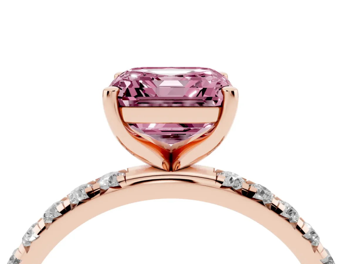 Fancy Pink Asscher Cut Cut Diamond Solitaire Ring with Micro Pave Band and Four Prong Setting Rose gold