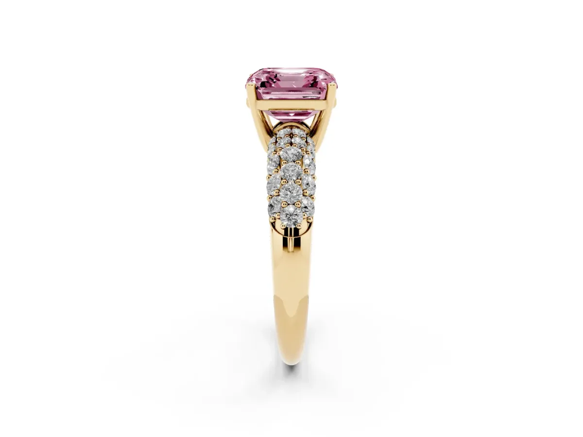 Fancy Pink Asscher Cut Diamond Pavé Band Solitaire Ring with Four-Prong Setting Yellow gold