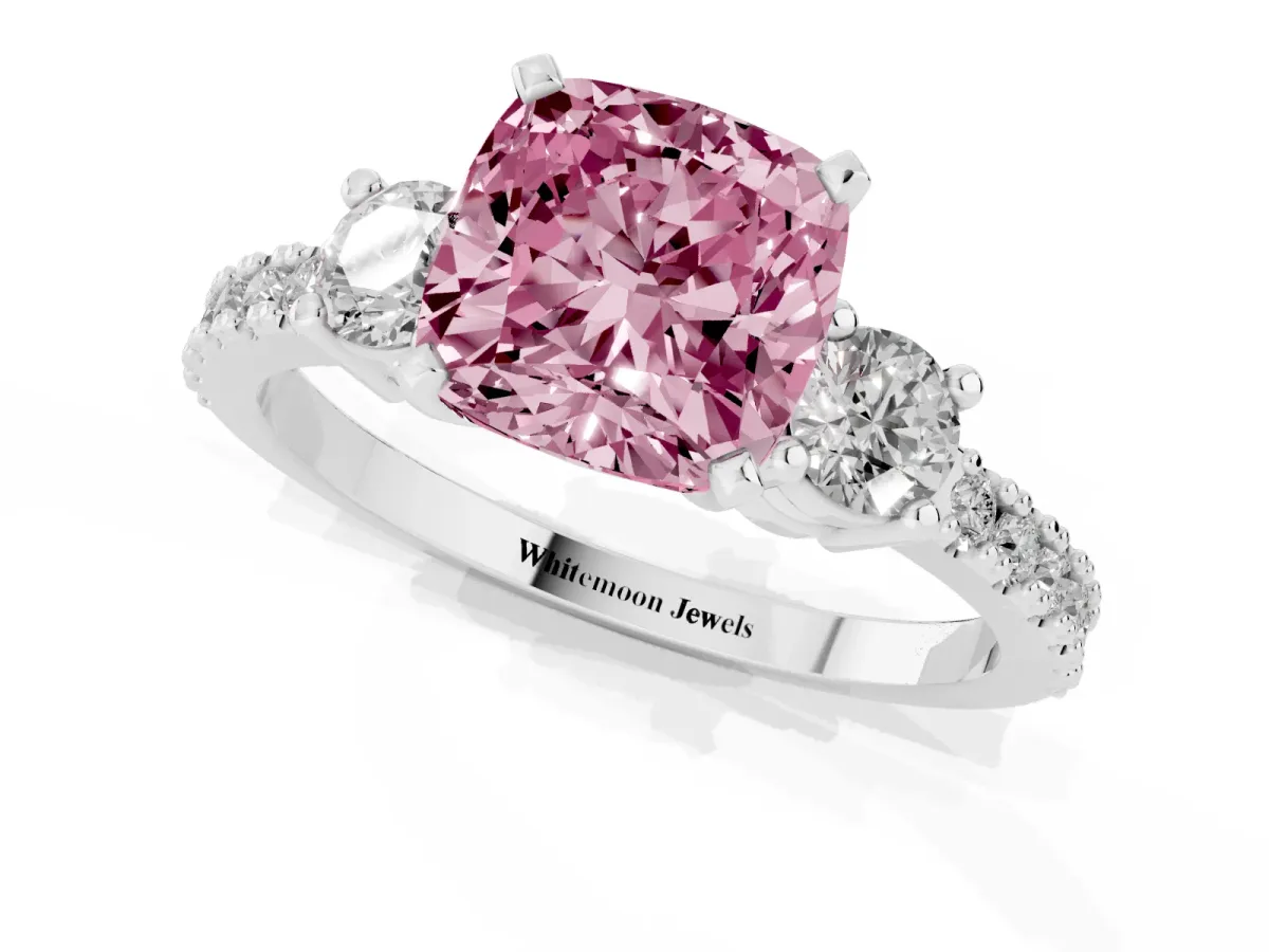 Fancy Pink Cushion Cut Three-Stone Diamond Pavé Band with Prong Setting White gold