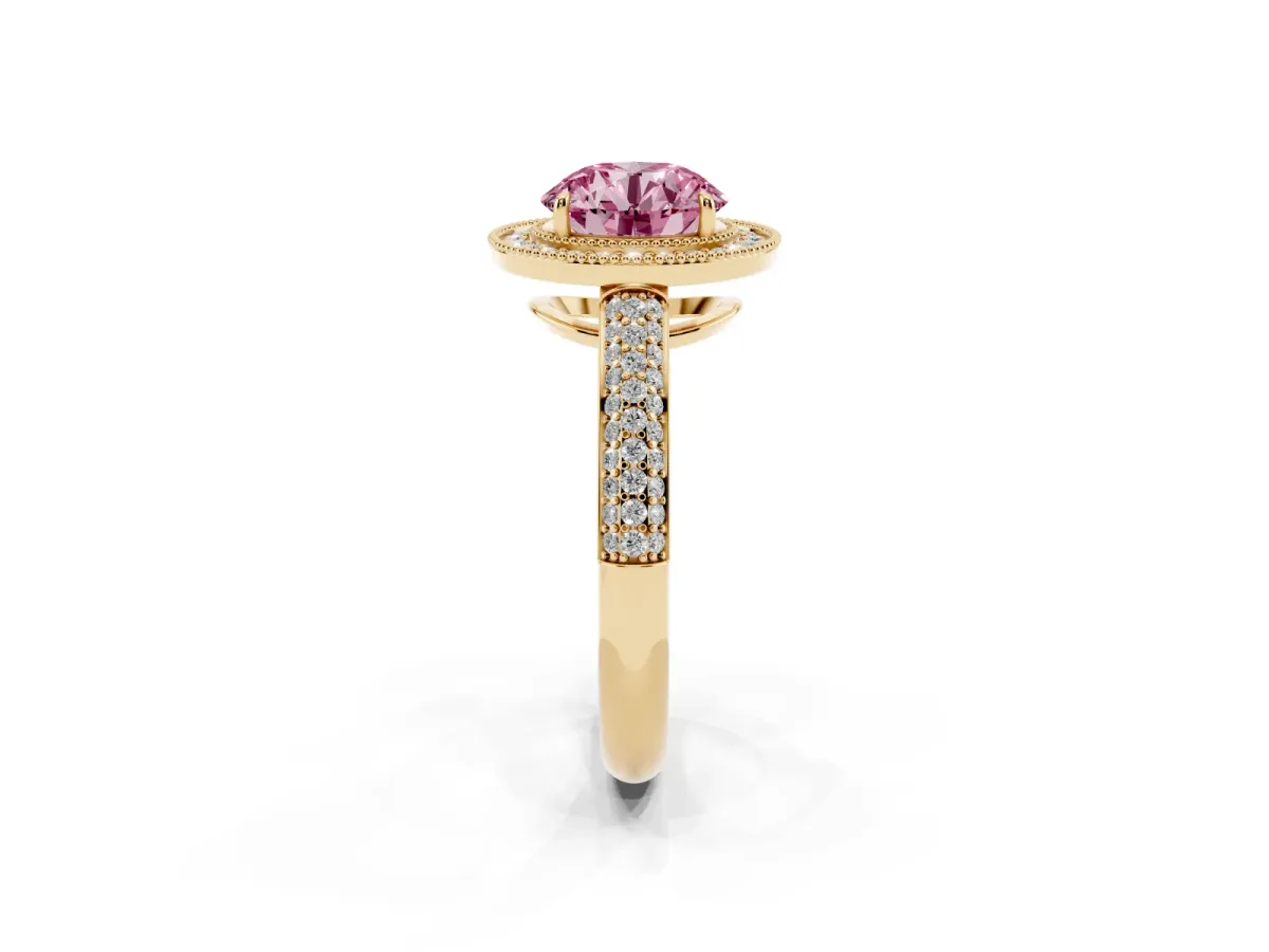 Fancy Pink Round Cut Cut Halo Diamond Pave Band with Four-Prong Setting Yellow gold
