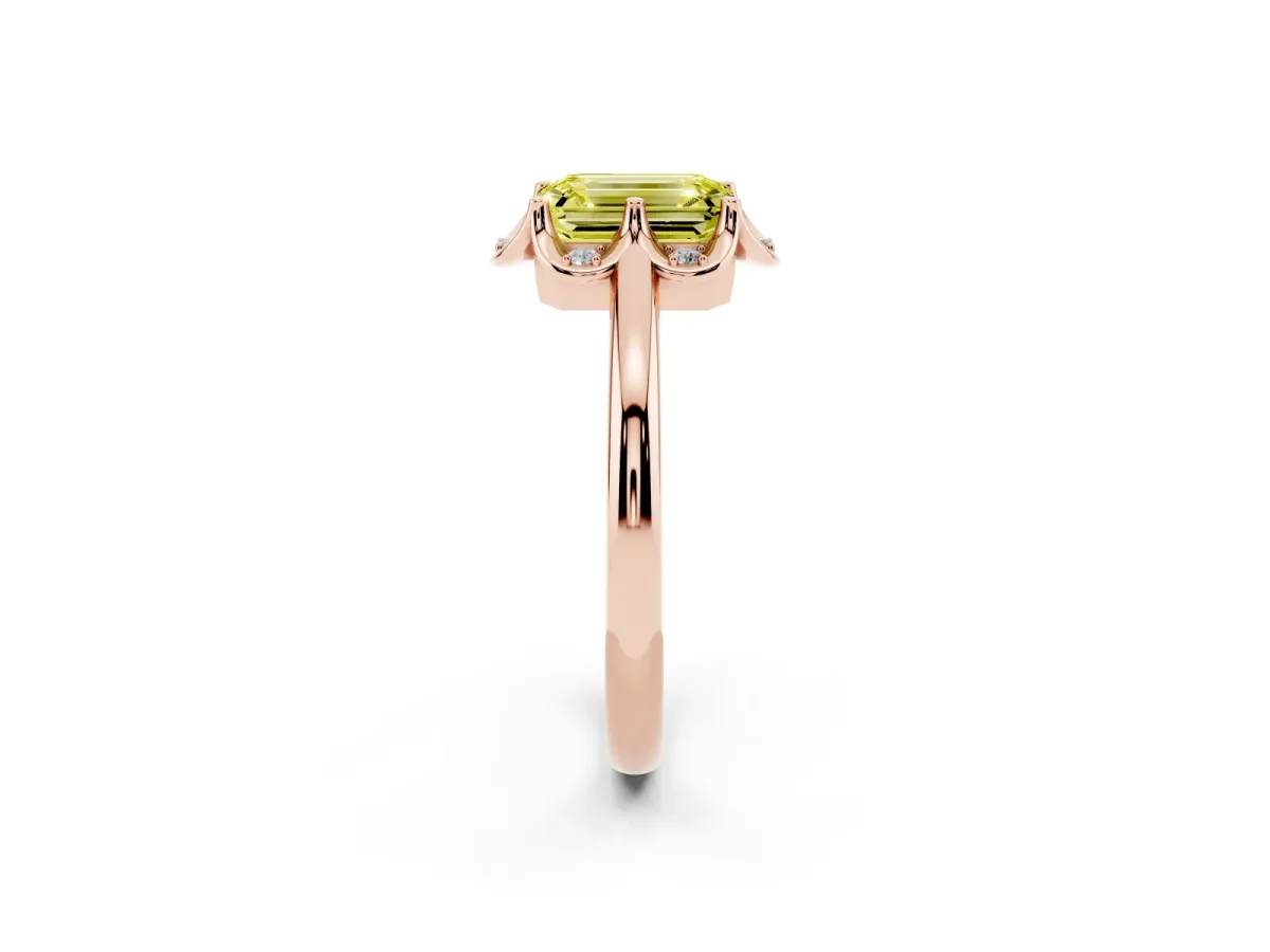 Fancy Yellow Emerald Cut Halo Diamond Ring with Round Cluster Setting, Solitaire Band, and Four-Prong Setting Rose gold