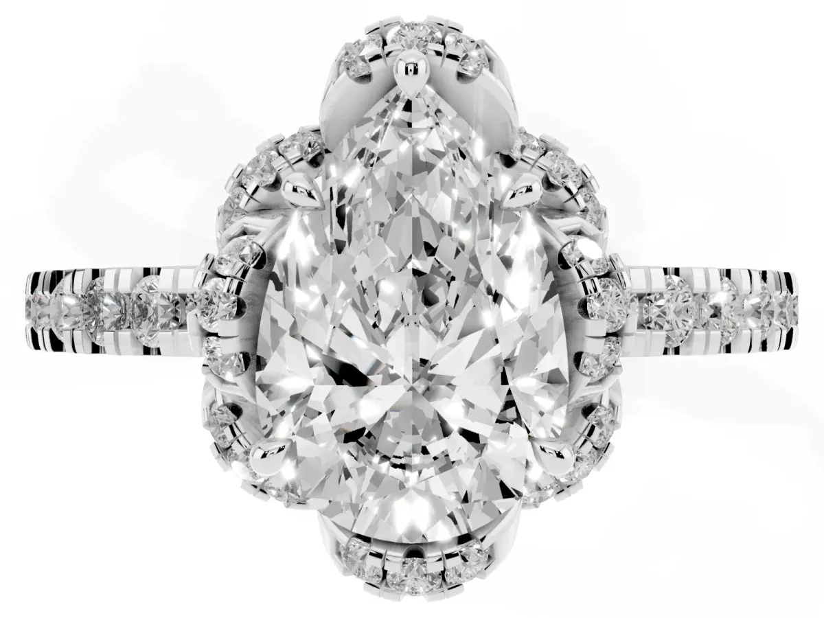 Pear Cut Diamond Halo Pave Band with Four-Prong Setting Silver