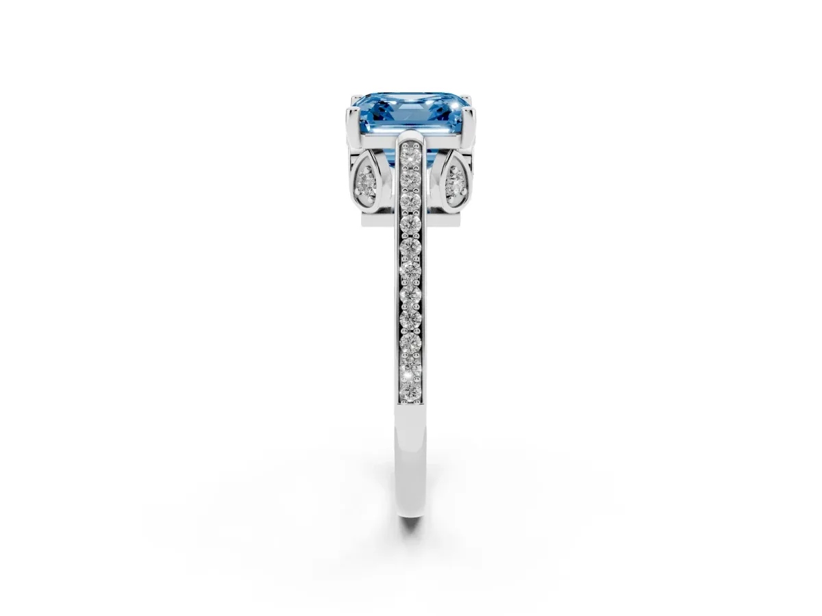 Fancy Blue Asscher Cut Cut Cathedral Pave Diamond Engagement Ring with Six-Prong Setting Silver