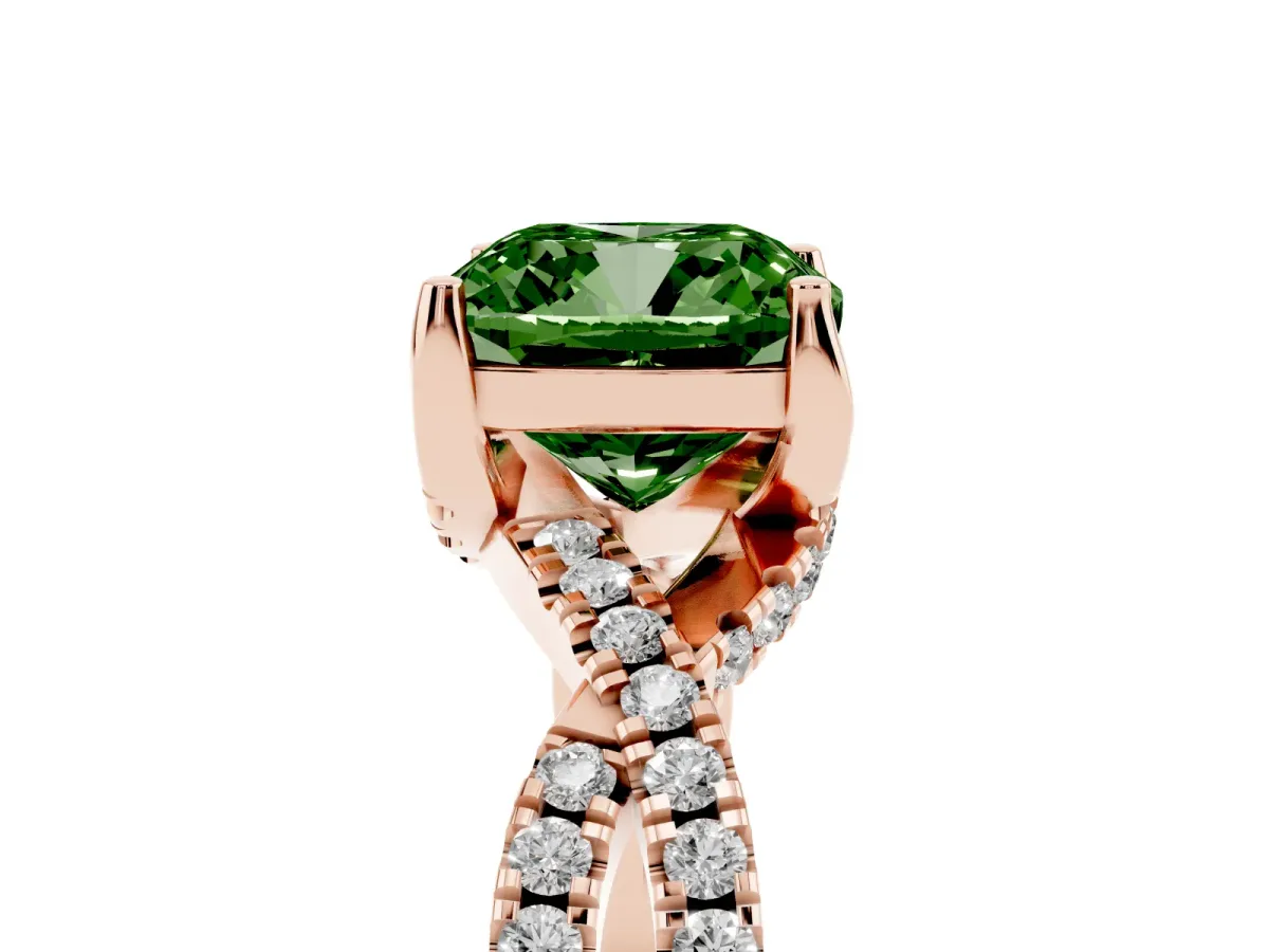 Fancy Green Cushion Cut Solitaire Twist Pave Diamond Engagement Ring with Prong Setting Rose gold