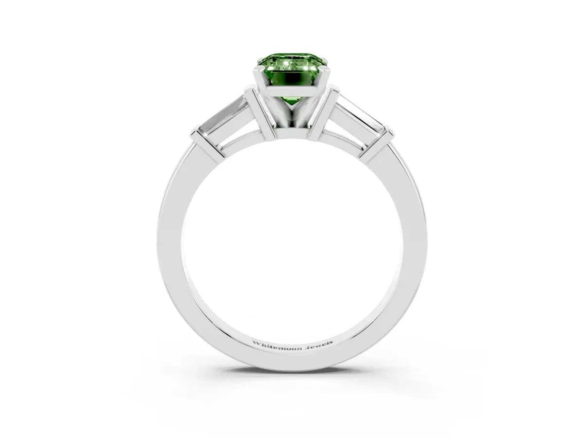 Fancy Green Emerald Cut Cut Diamond Solitaire Ring with Tapered Baguette Accents and Four-Prong Setting Silver