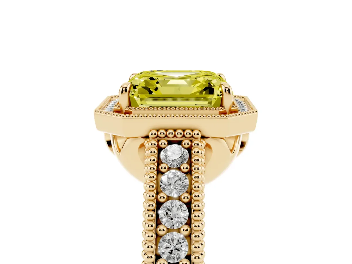 Fancy Yellow Asscher Cut Cut Halo Diamond Ring with Pavé Band and Four-Prong Setting Yellow gold
