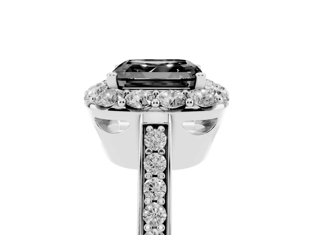 Fancy Black Asscher Cut Diamond Floral Halo Ring with Pavé Band and Prong Setting Platinum