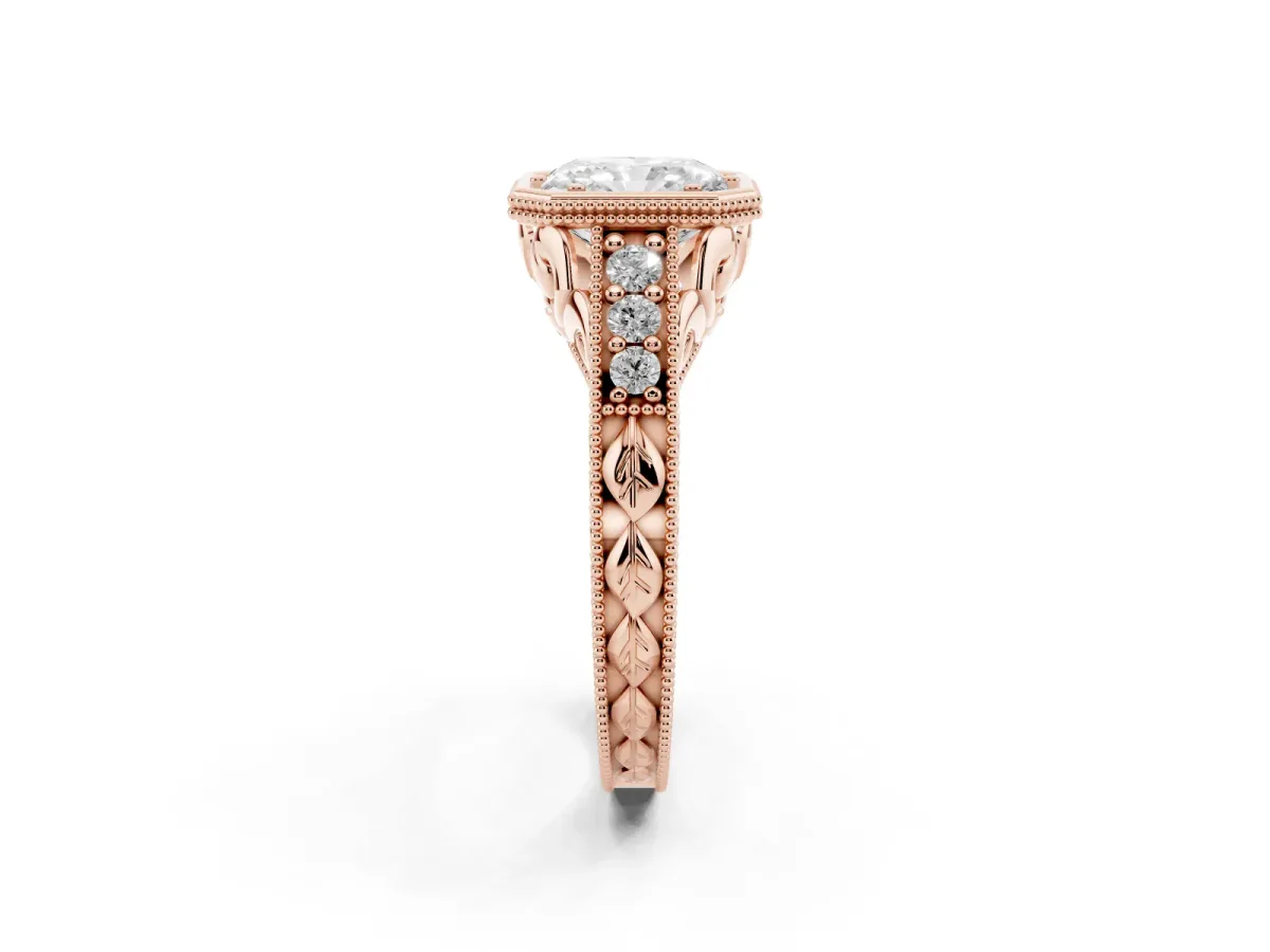 Bezel Set Radiant Cut Diamond Milgrain Pave Engagement Ring Rose gold
