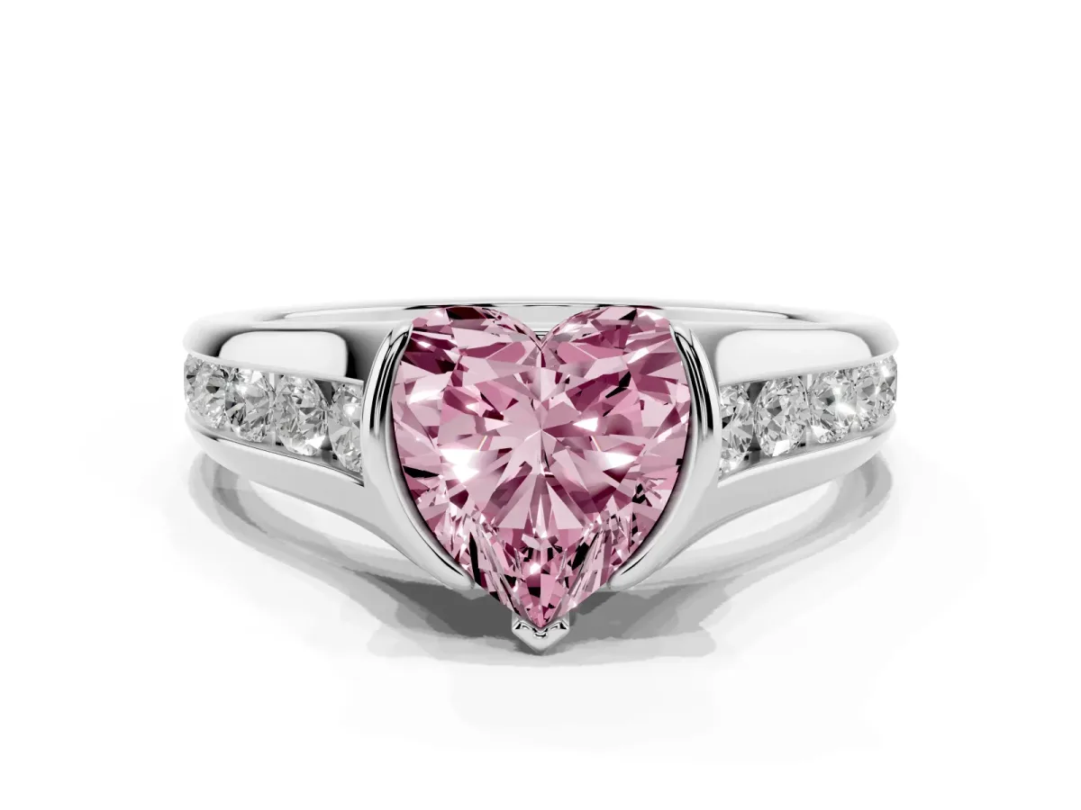 Fancy Pink Heart Cut Solitaire Bezel-Set Diamond Ring with Channel-Set Band Silver