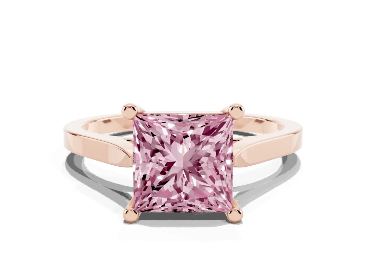 Fancy Pink Princess Cut Solitaire Diamond Ring with Four-Prong Setting and Tapered Band Rose gold