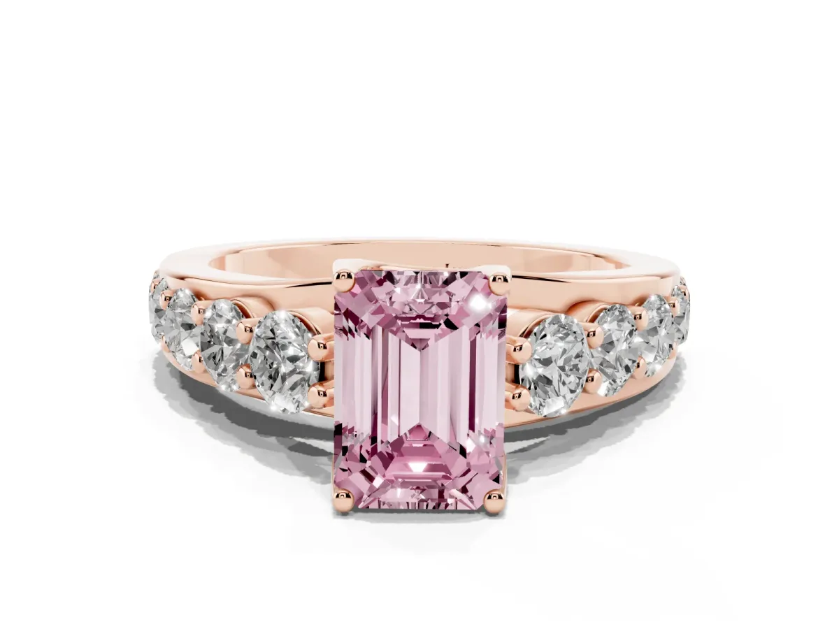 Fancy Pink Emerald Cut Diamond Engagement Ring with Pavé Band and Four-Prong Setting Rose gold