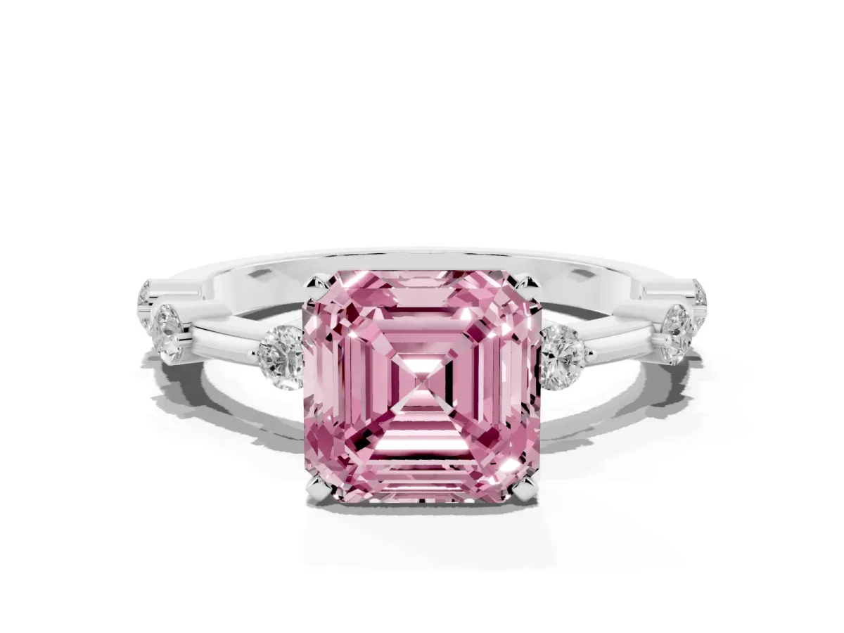 Fancy Pink Asscher Cut Solitaire Diamond Ring with Bezel Set Side Stones and Prong Setting Silver