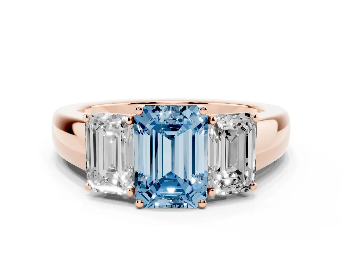 Fancy Blue Three-Stone Emerald Cut Cut Diamond Ring with Prong Setting and Classic Band Rose gold