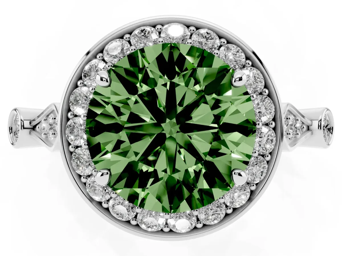 Fancy Green Round Cut Halo Diamond Engagement Ring with Twisted Band and Four-Prong Setting Platinum