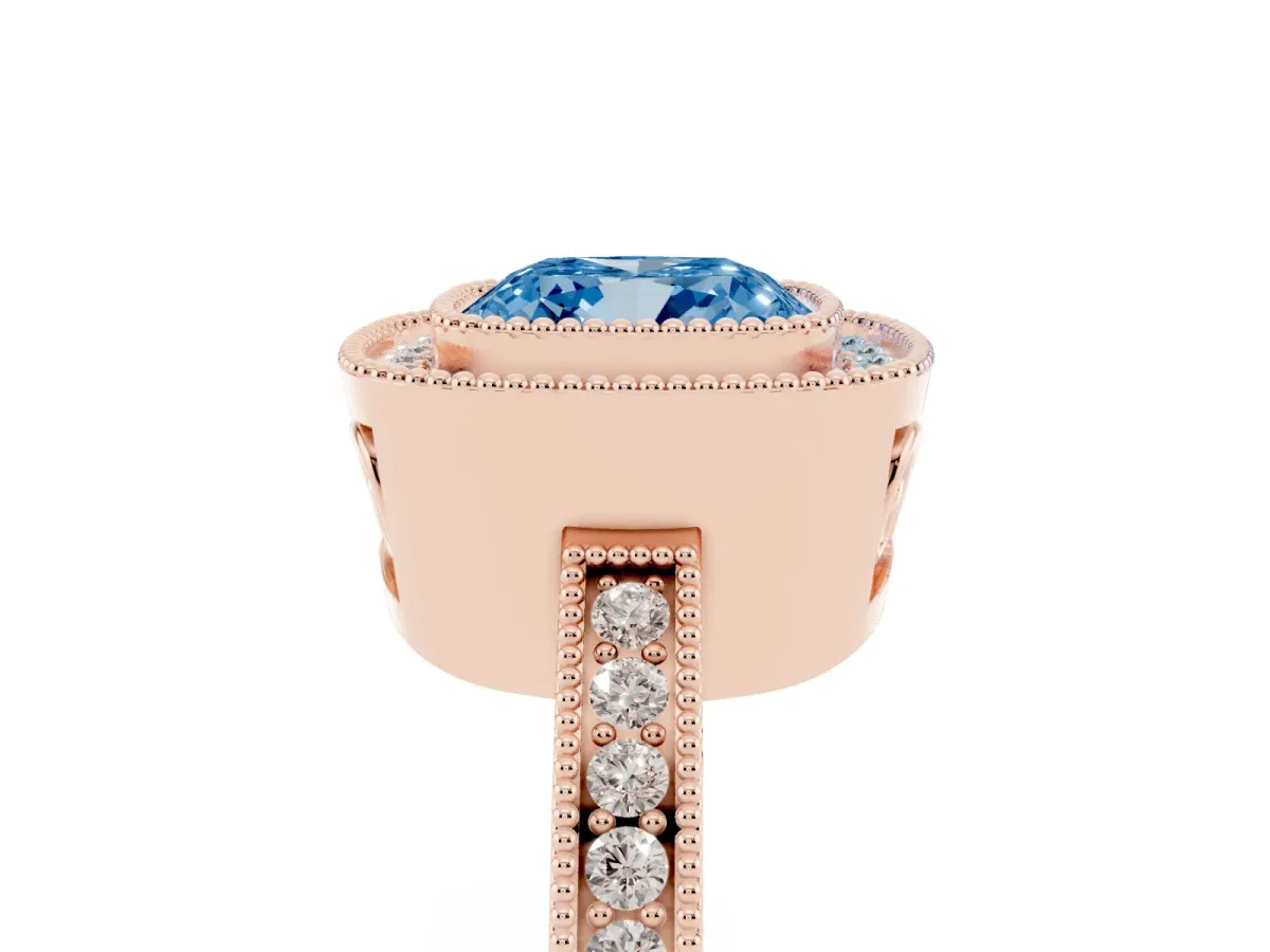 Fancy Blue Cushion Cut Cut Halo Diamond Ring with Pavé Band and Milgrain Prong Setting Rose gold