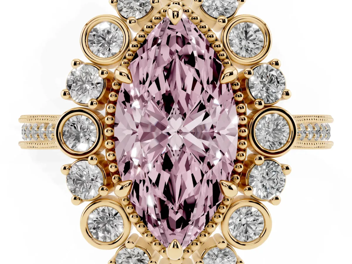 Fancy Pink Marquise Cut Halo Milgrain Pave Diamond Ring with Four-Prong Setting Yellow gold