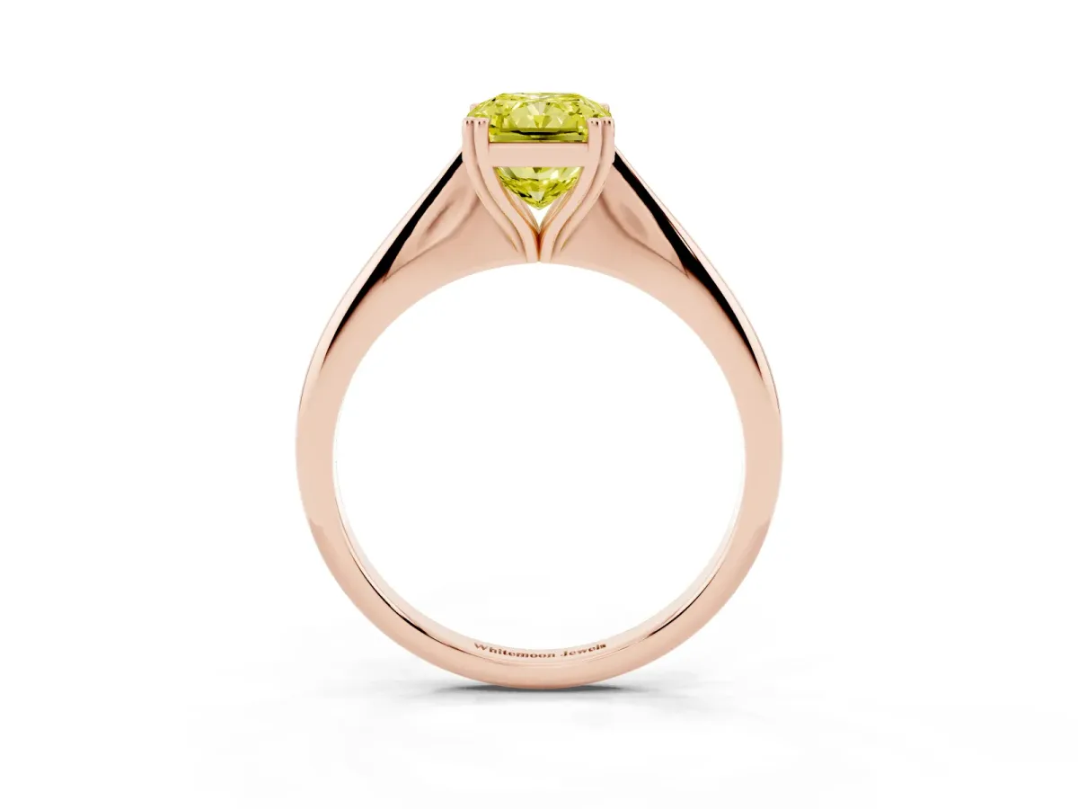 Fancy Yellow Radiant Cut Solitaire Diamond Ring with Six-Prong Setting and Classic Band Rose gold