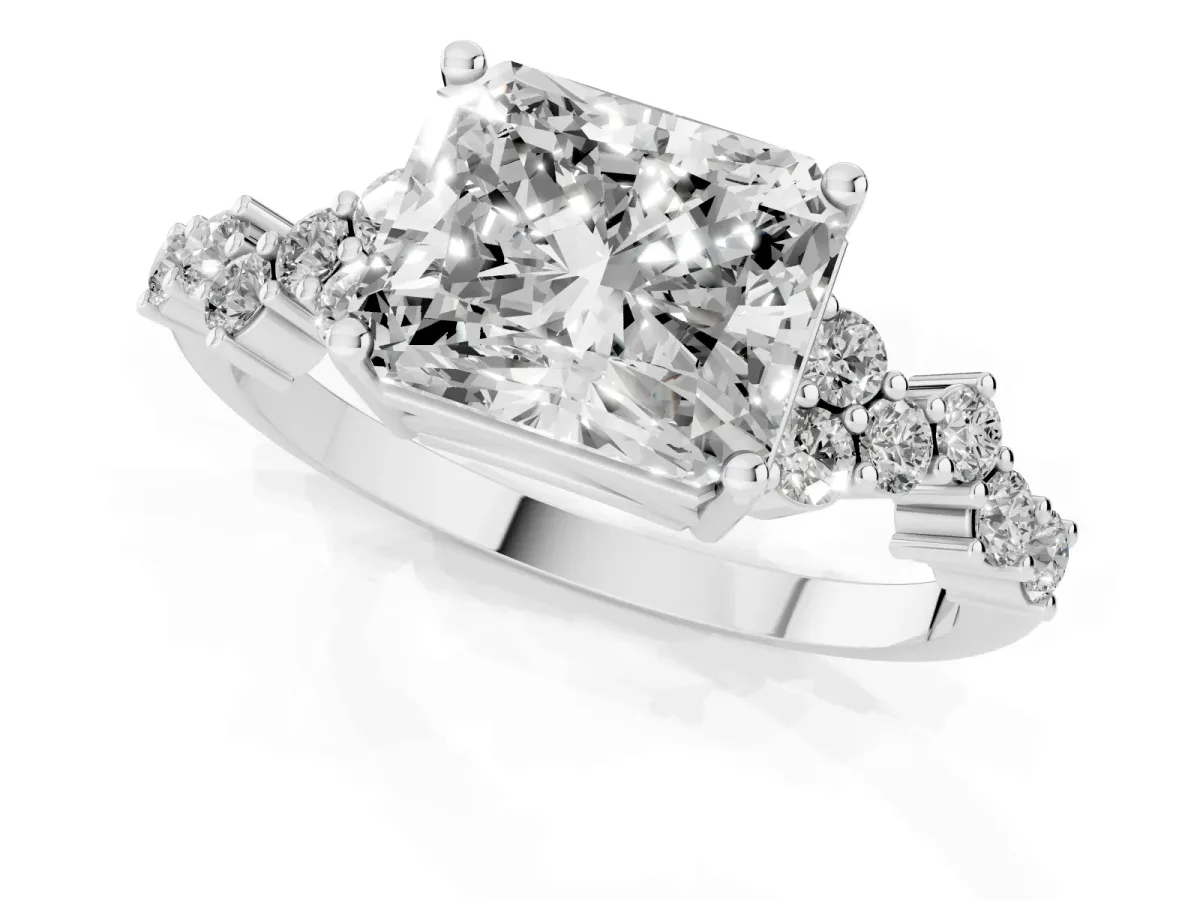 Radiant Cut Diamond Scattered Round Accent Ring with Prong Setting Silver