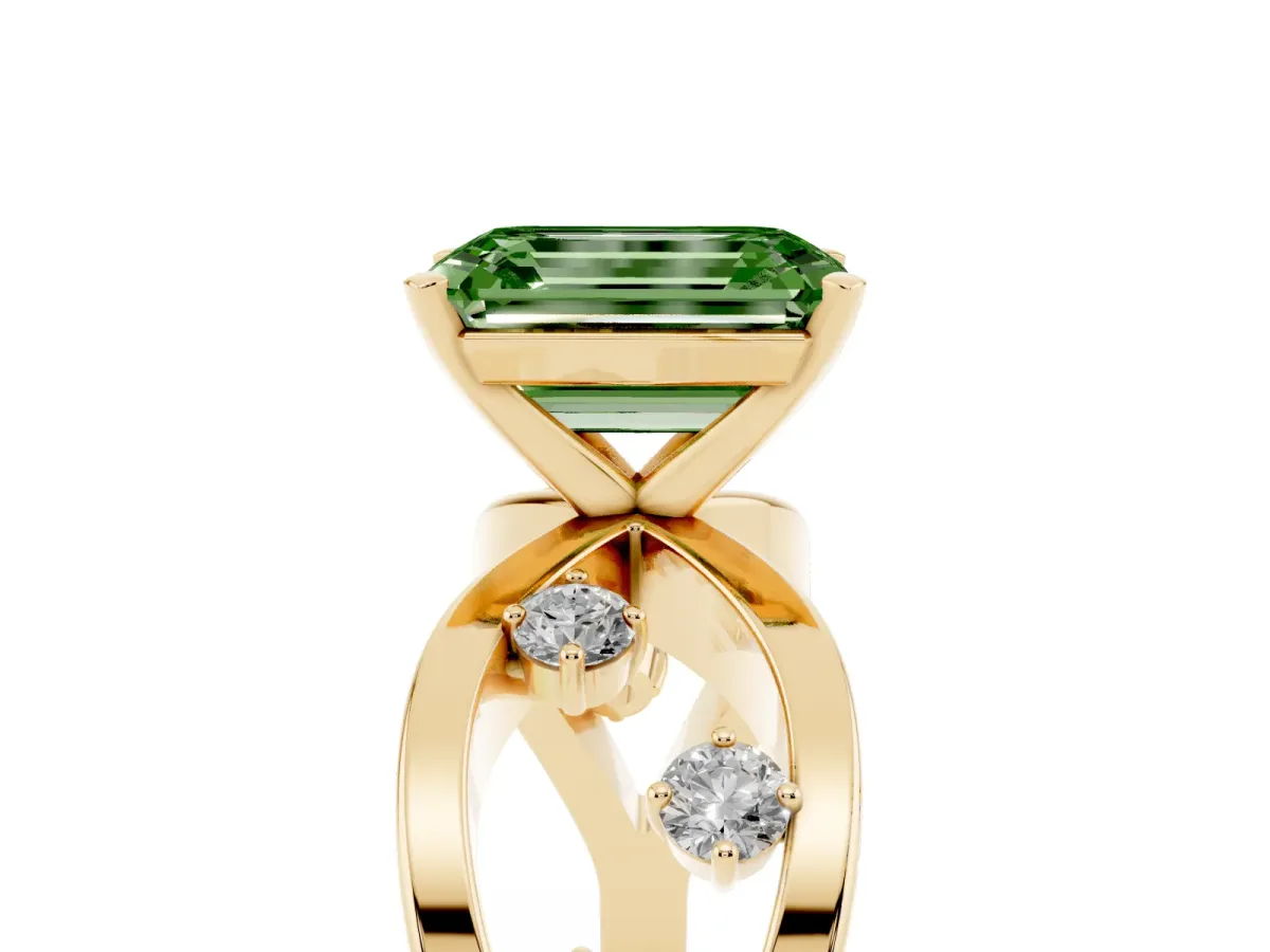 Fancy Green Emerald Cut Cut Solitaire Diamond with Side Stones on Criss-Cross Band and Four-Prong Setting Yellow gold