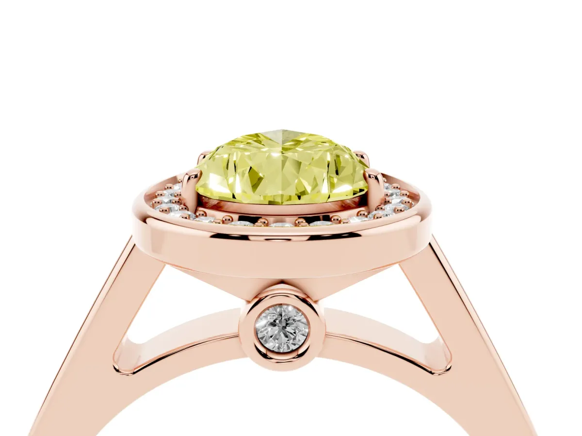 Fancy Yellow Pear Cut Halo Solitaire Diamond Ring with Pave Band and Bezel Setting Rose gold