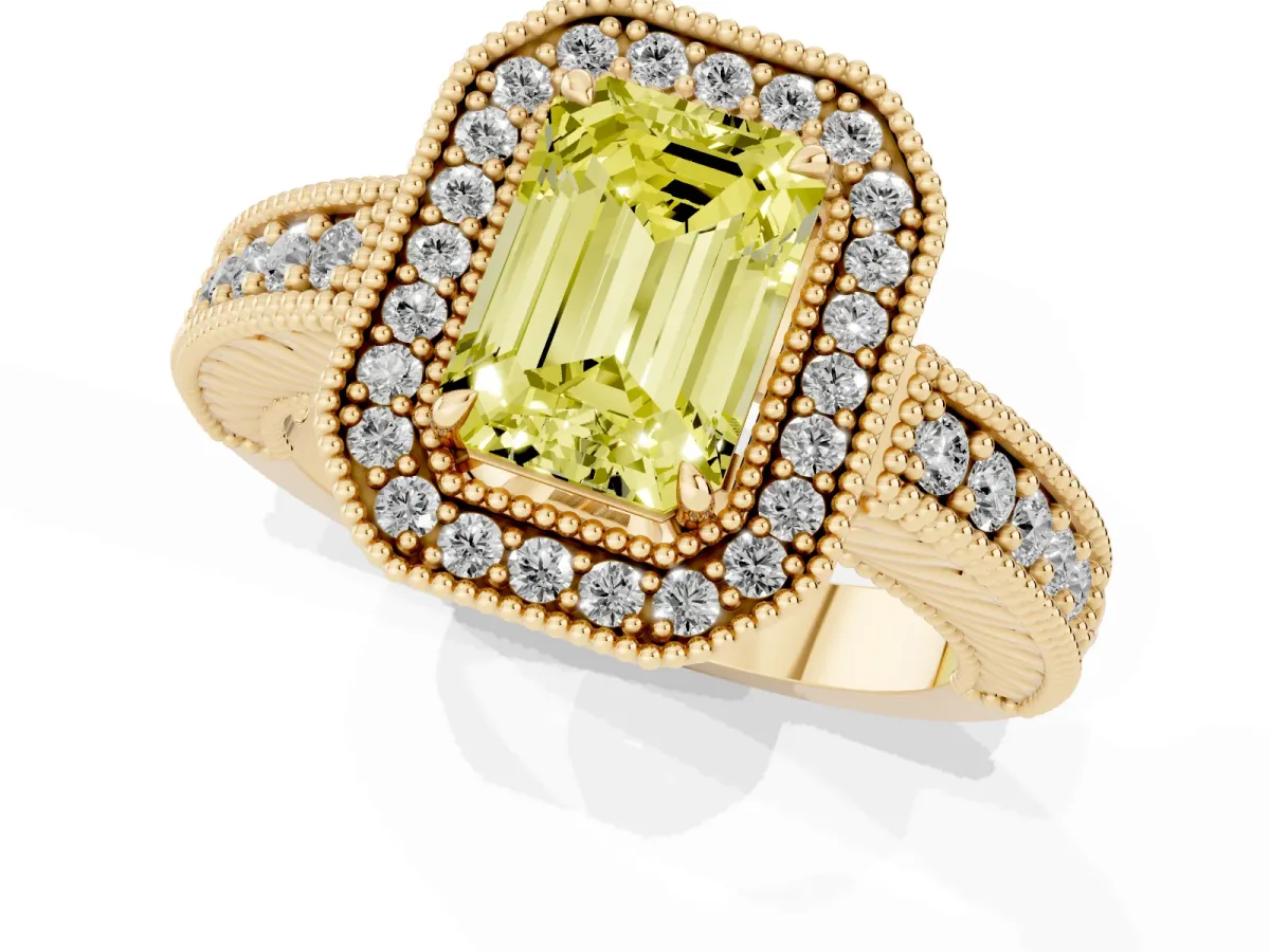 Fancy Yellow Emerald Cut Cut Halo Diamond Ring with Pavé Band and Four-Prong Setting Yellow gold