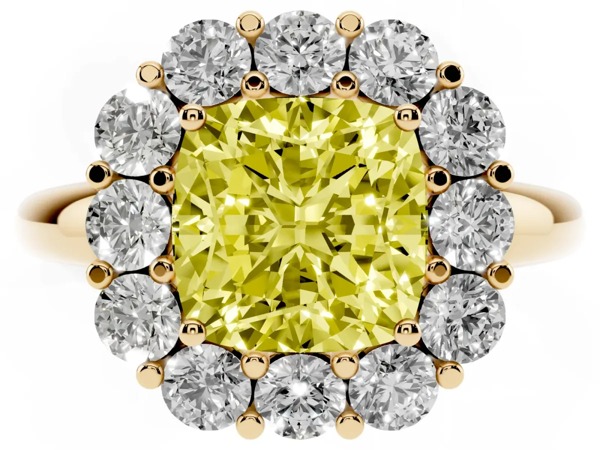 Fancy Yellow Cushion Cut Halo Cluster Diamond Engagement Ring with Prong Setting and Polished Band Yellow gold