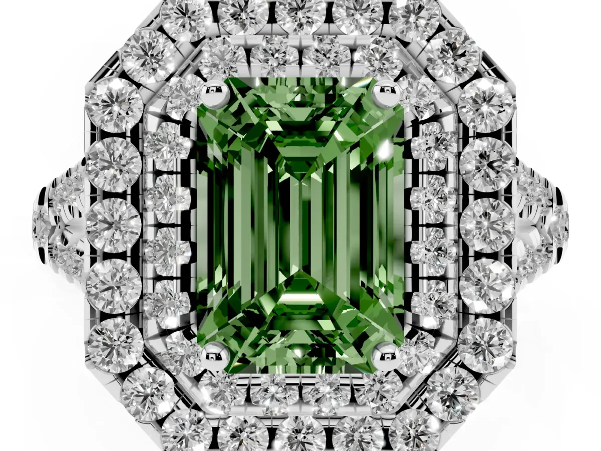 Fancy Green Double Halo Emerald Cut Diamond Pavé Split Shank Ring with Prong Setting White gold