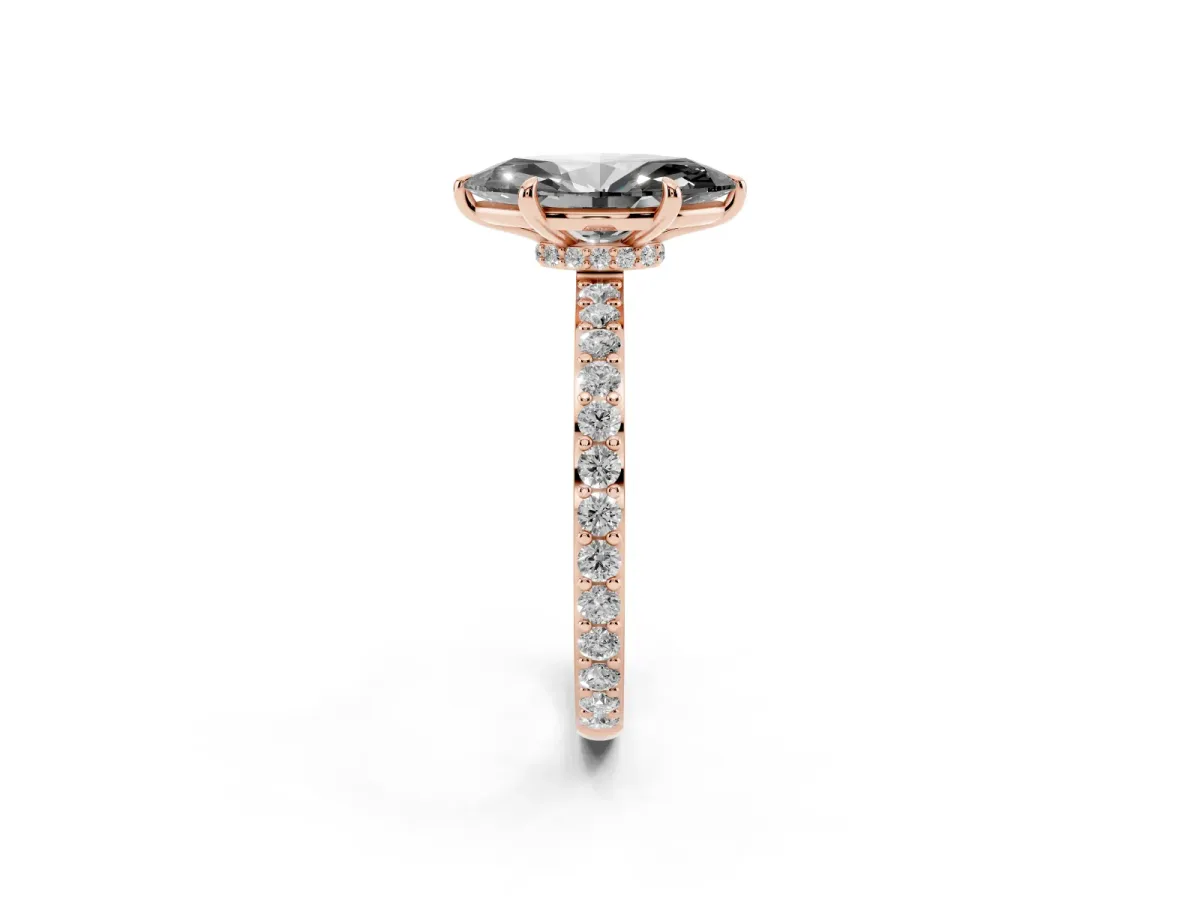 Fancy Black Marquise Cut Diamond Pavé Engagement Ring with Round Accents and Prong Setting Rose gold