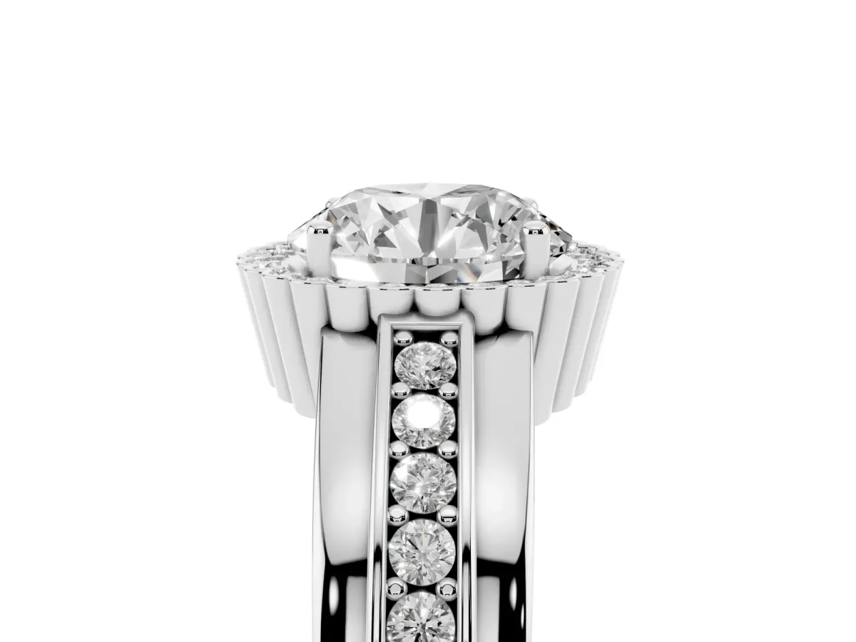 Round Cut Cut Halo Pave Band Four-Prong Ring Silver