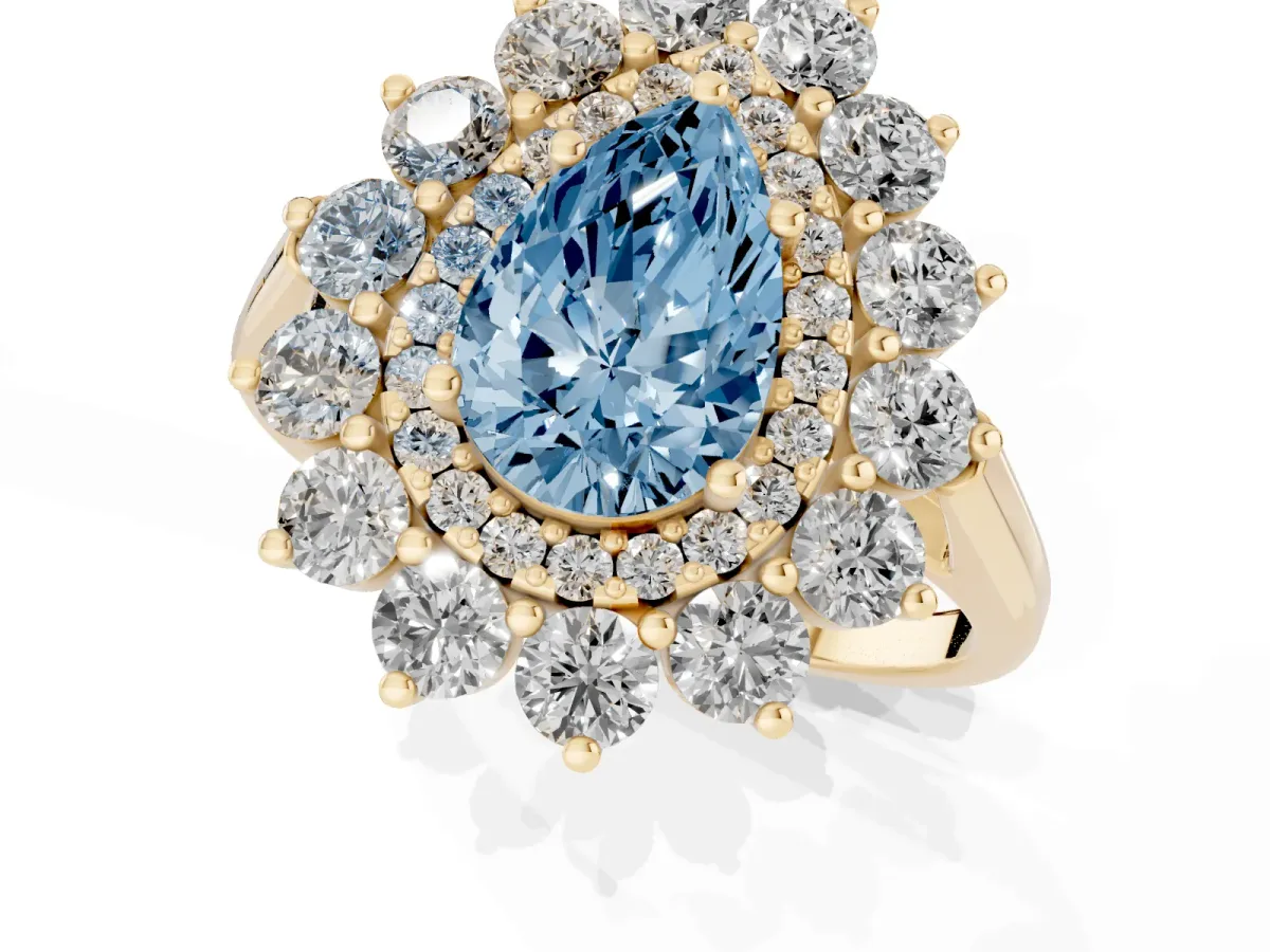 Fancy Blue Pear Cut Diamond Floral Double Halo Engagement Ring with Prong Setting Yellow gold