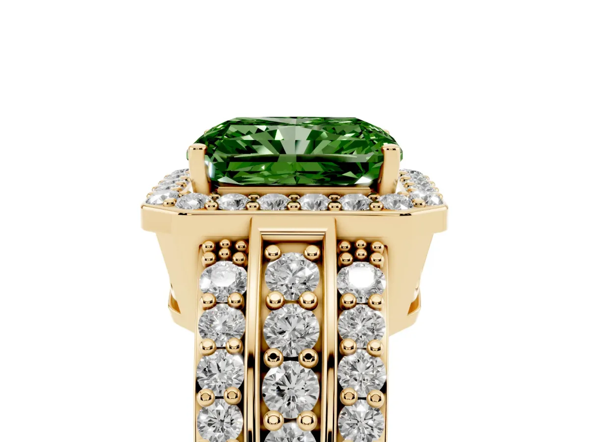 Fancy Green Radiant Cut Halo Diamond Ring with Round Split Shank and Prong Setting Yellow gold