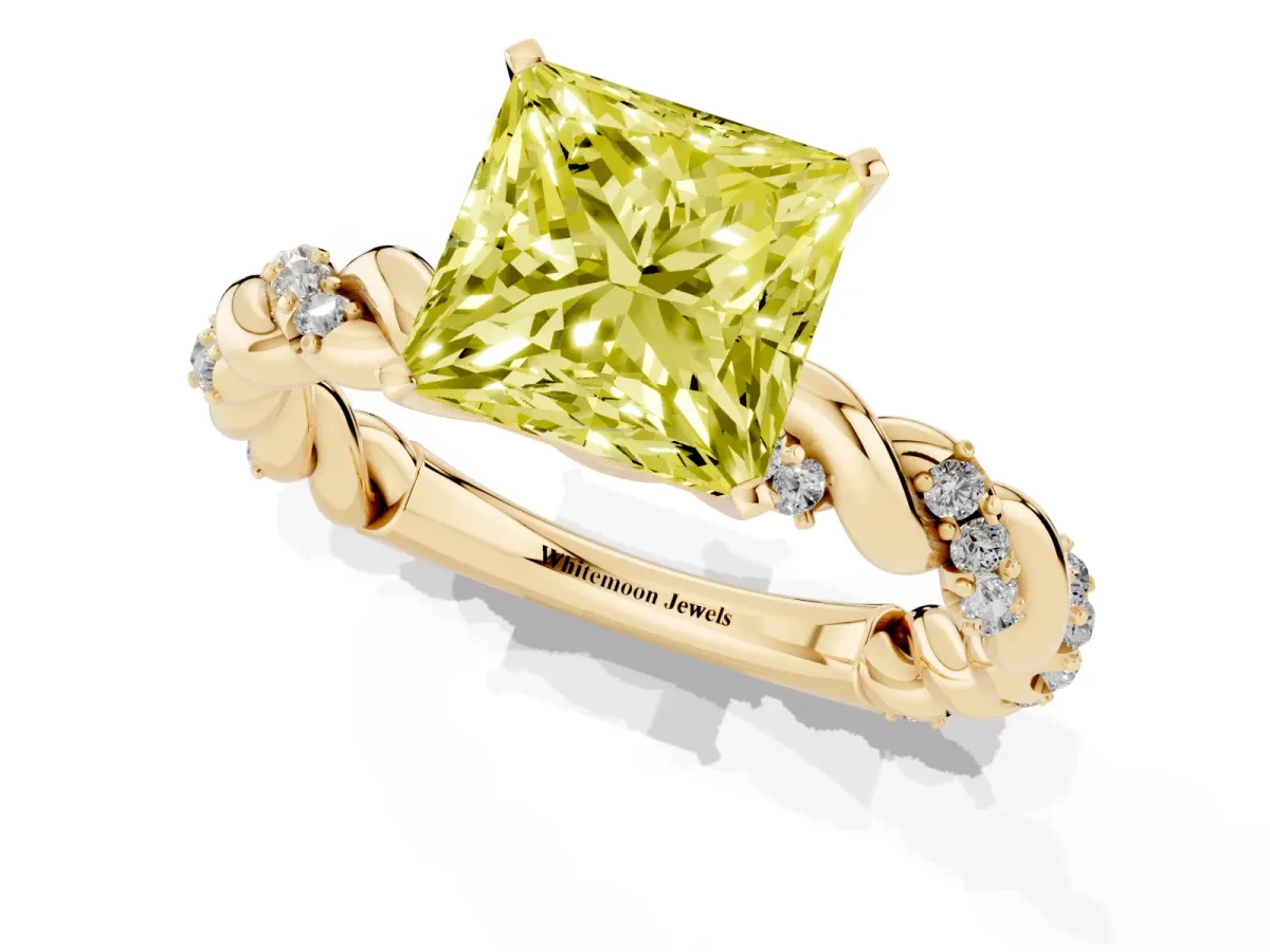 Fancy Yellow Princess Cut Diamond Solitaire Ring with Twisted Band and Pavé Accents Yellow gold