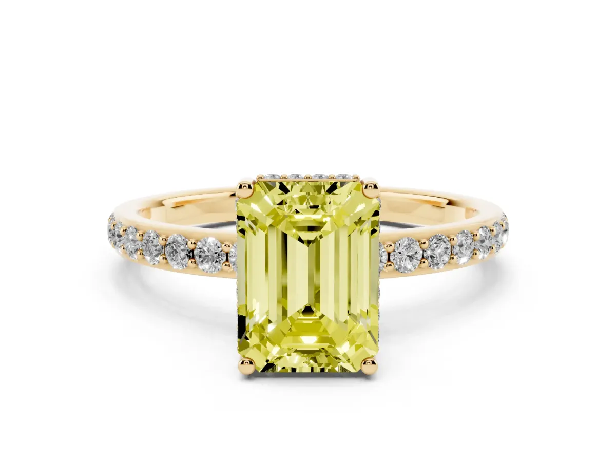 Fancy Yellow Emerald Cut Diamond Solitaire Ring with Pavé Band and Hidden Halo Yellow gold