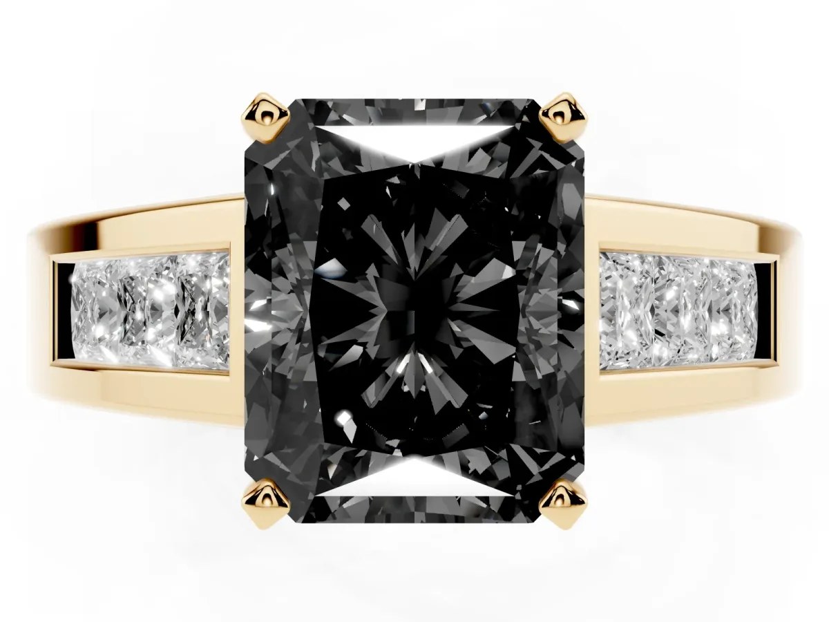 Fancy Black Radiant Cut Cut Channel Set Solitaire Ring with Four-Prong Setting Yellow gold