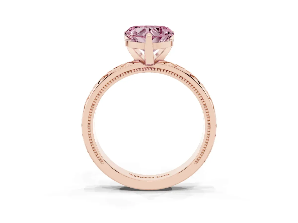 Fancy Pink Heart Cut Solitaire Engagement Ring with Scrollwork Band and Four-Prong Setting Rose gold