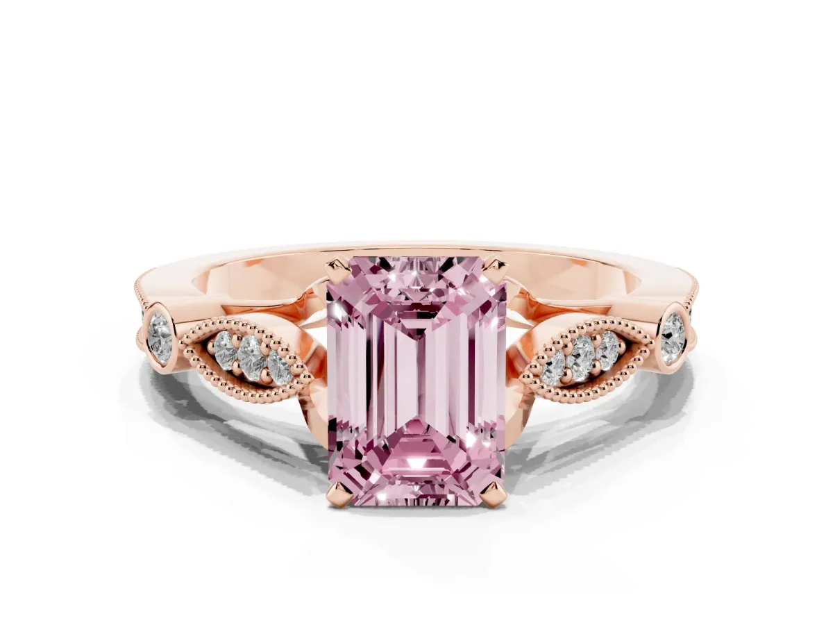 Fancy Pink Emerald Cut Cut Diamond with Milgrain Marquise and Bezel Accents on a Solitaire Band with Prong Setting Rose gold