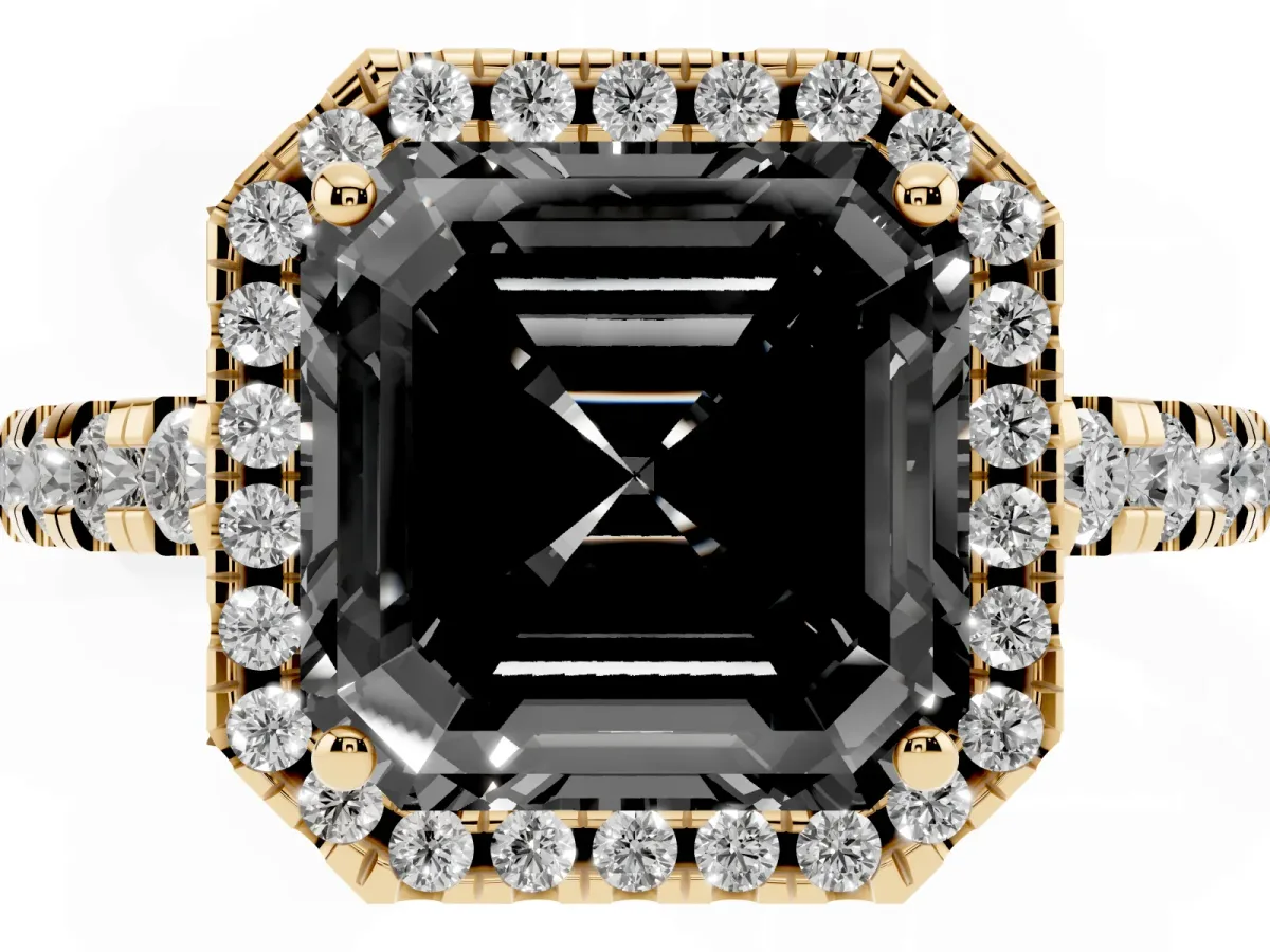 Fancy Black Asscher Cut Diamond Halo Ring with Pavé Band and Four-Prong Setting Yellow gold