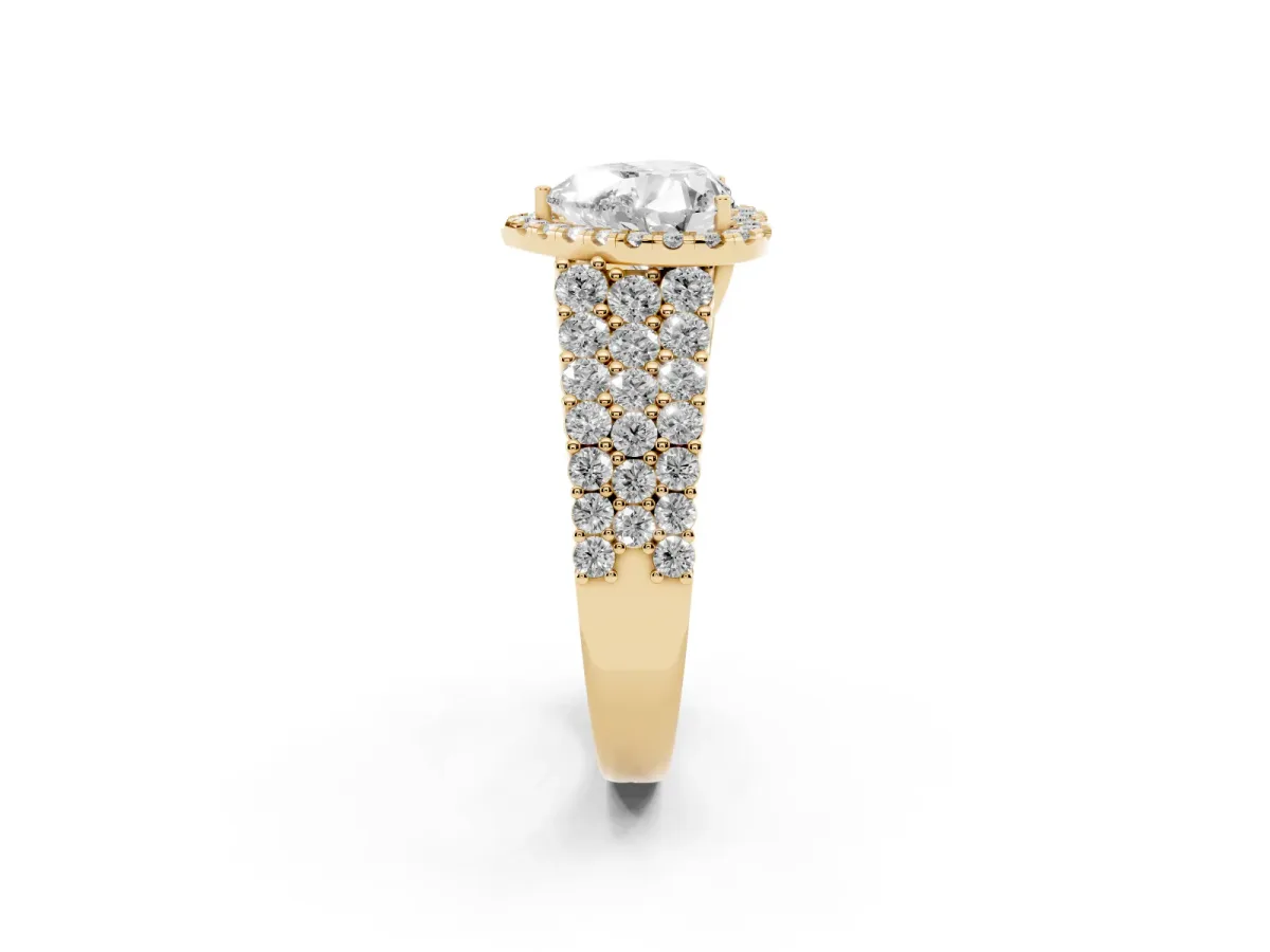 Heart Cut Diamond Halo Engagement Ring with Triple Row Round Pavé Band and Prong Setting Yellow gold