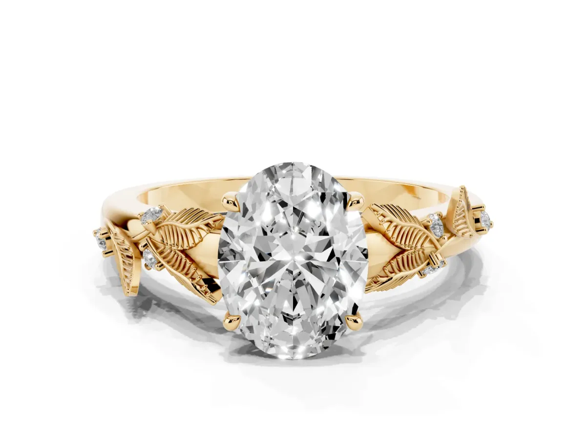 Oval Cut Diamond Solitaire Ring with Leaf Motif Band and Four-Prong Setting Yellow gold