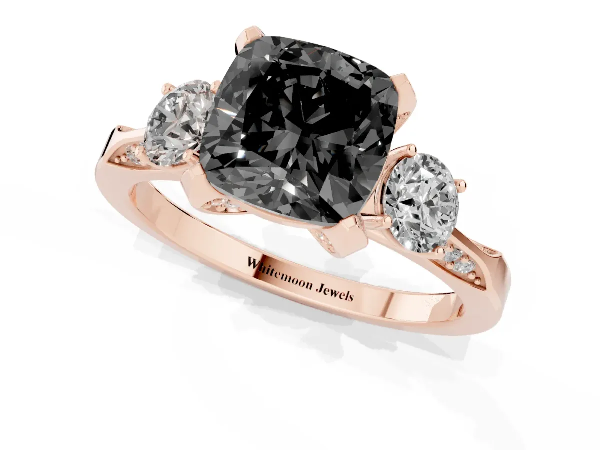 Fancy Black Cushion Cut Brilliant Three-Stone Diamond Ring with Pavé Band and Four-Prong Setting Rose gold