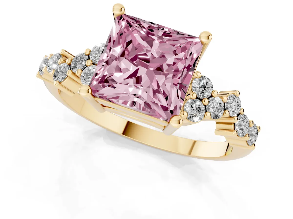 Fancy Pink Princess Cut Diamond Scattered Round Accent Ring with Prong Setting Yellow gold