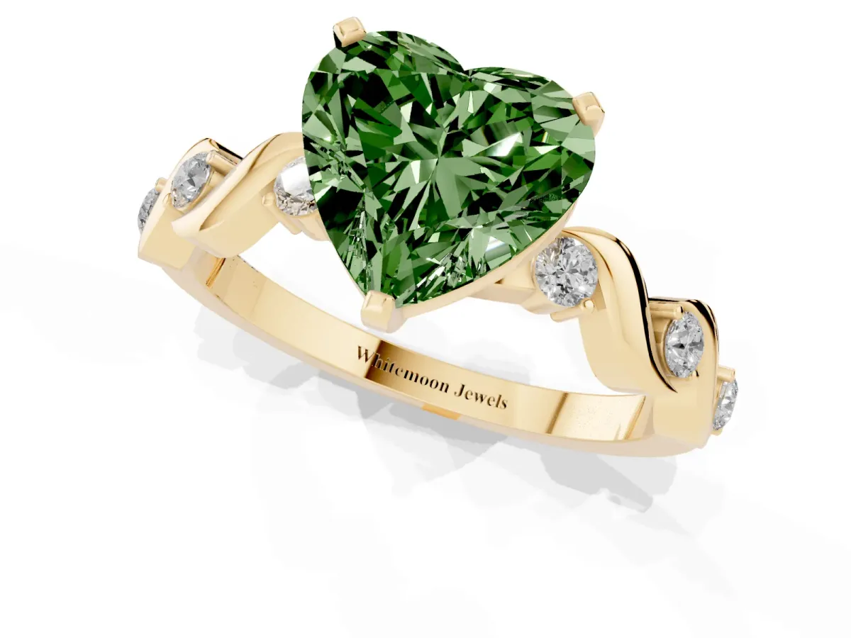Fancy Green Heart Cut Diamond Solitaire Twisted Band with Round Accents and Prong Setting Yellow gold