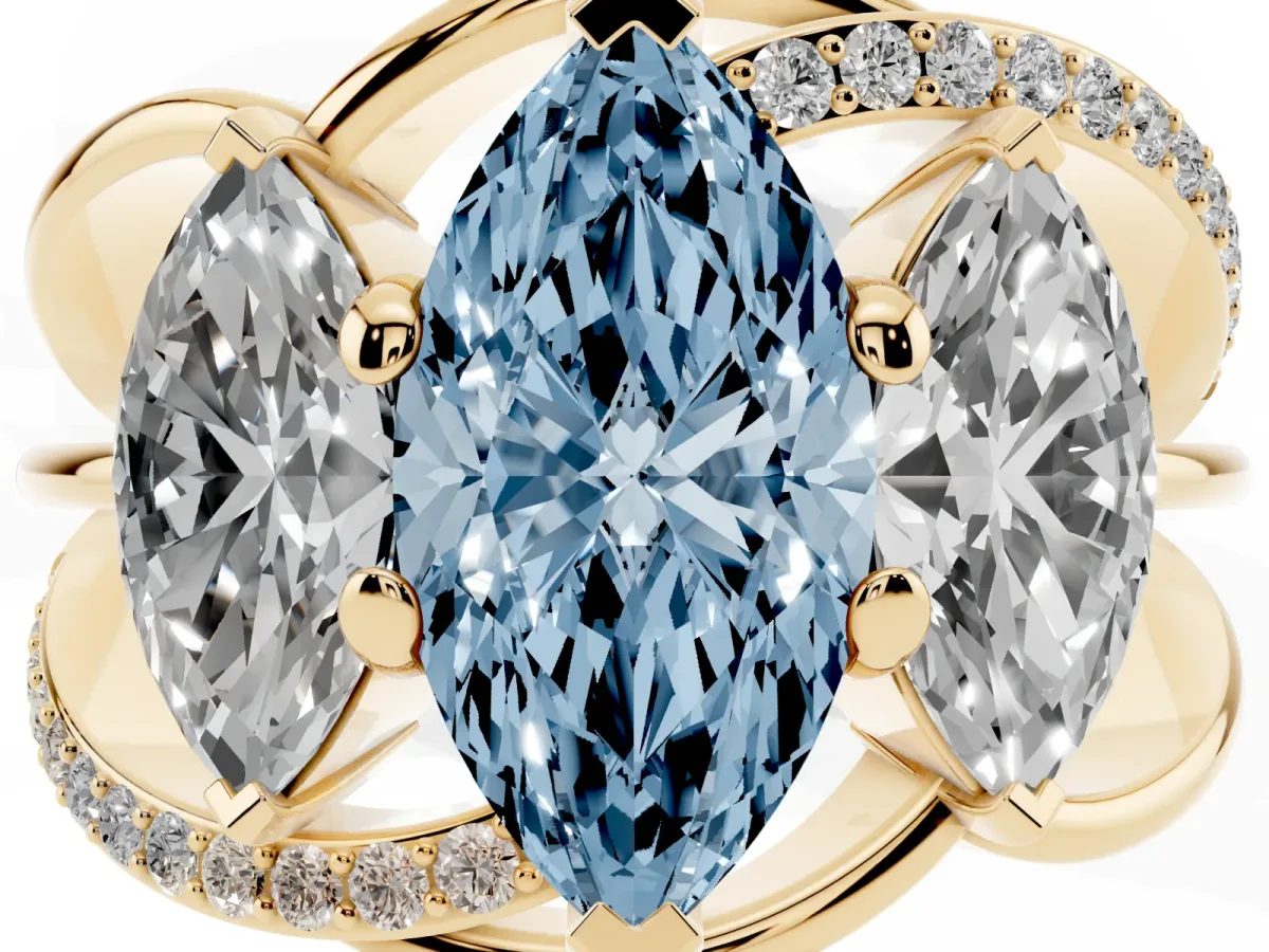 Fancy Blue Three-Stone Marquise Cut Cut Diamond Split Shank Prong Set Ring Yellow gold