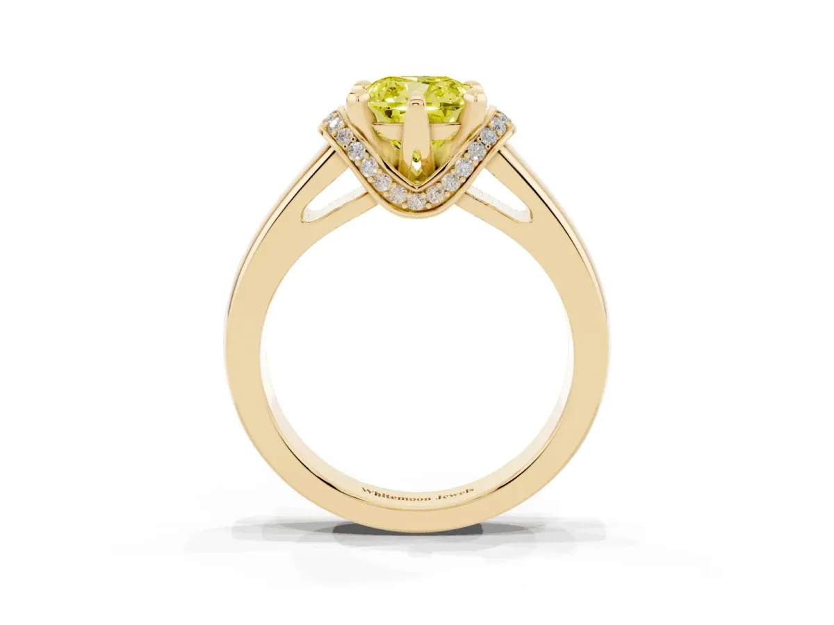 Fancy Yellow Cushion Cut Solitaire Diamond Ring with Pave Band and Six-Prong Setting Yellow gold